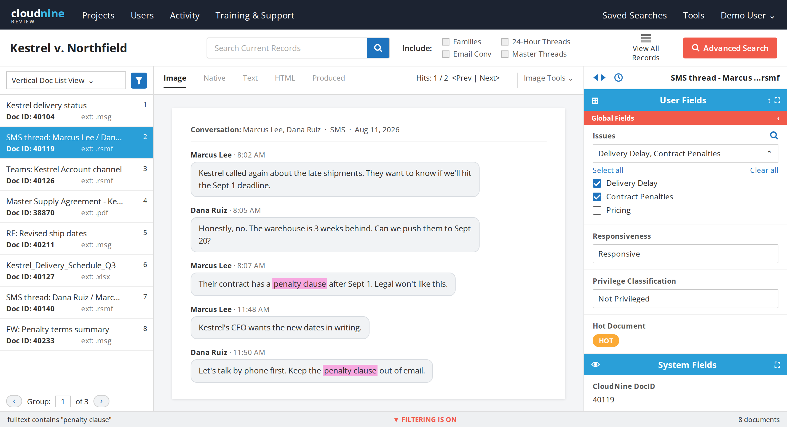 CloudNine Review search and tagging view with highlighted search hits and issue tags