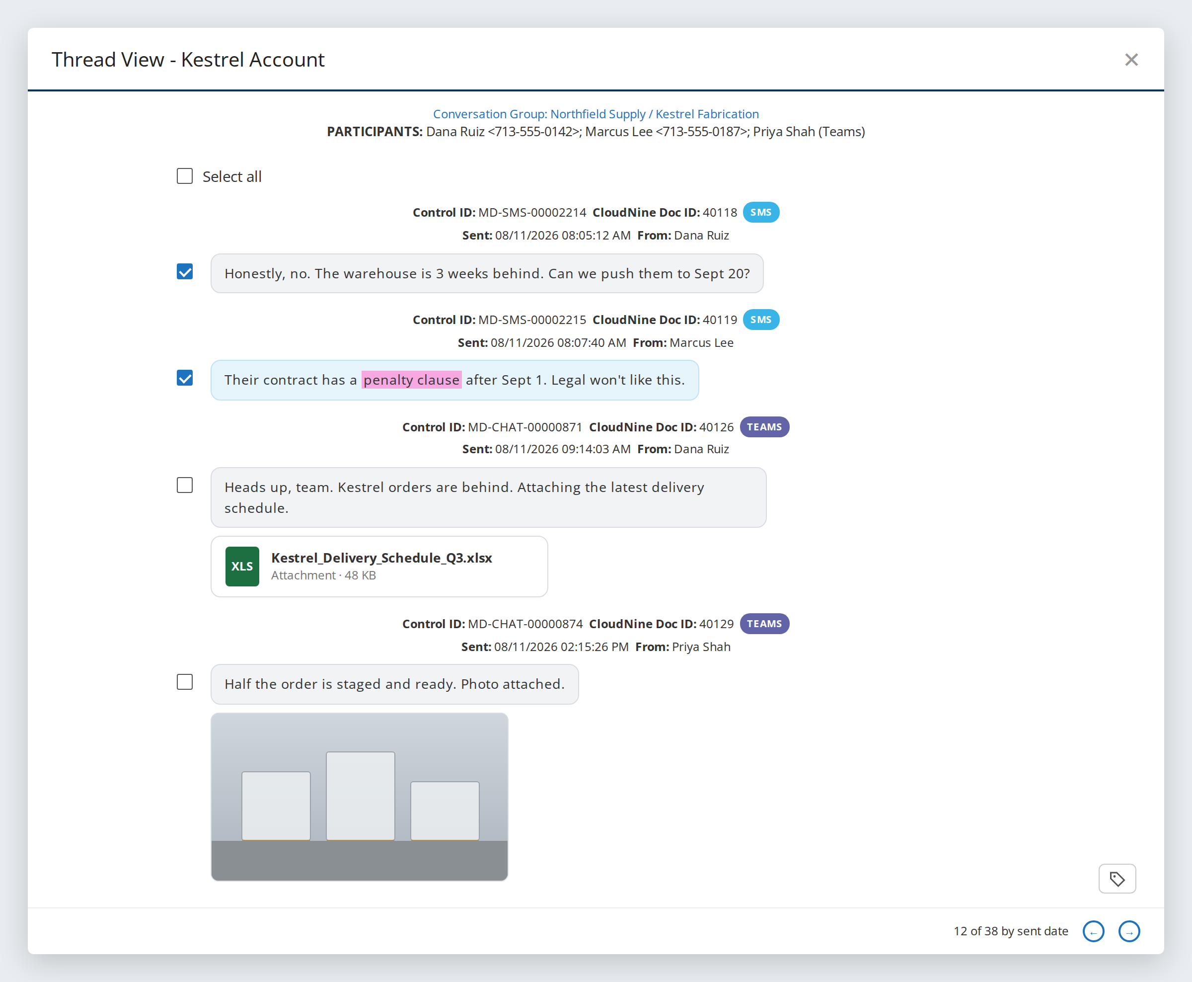 CloudNine Review thread view showing text messages, Teams chat and attachments in one conversation